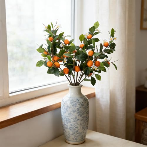 2PCS 37.4Inch Artificial Tangerine Branches Artificial Orange Branches Fake Orange Stem 12 Fruit with 20 White Flowers Long Stem for Home Party Wedding Office Thanksgiving Indoor Outdoor Decor - color: 37.4inch Orange, size: 2 PCS