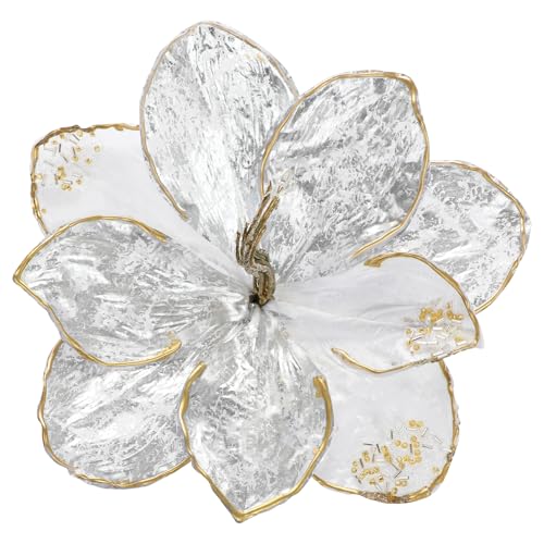 Briful Magnolia Artificial Flowers 21.2" White Silver Fake Magnolia Flower Stems with Specially Designed Mottled Petals Christmas Tree Flowers for Holiday Wreath Garland Xmas Decor - color: White Silver