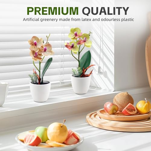 2Pcs Artificial Flowers Fake Orchid Phalaenopsis Small Potted Plant Ceramic Vase for Home Decor Bathroom Office Desk Wedding Decoration(Yellow & Brown) ﻿ - color: Yellow & Brown