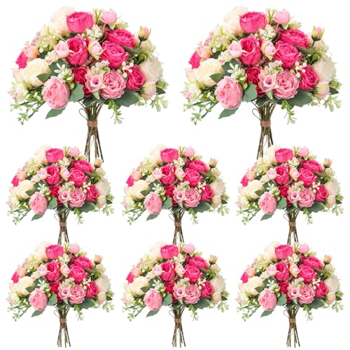 Geosar 8 Bundles Artificial Peonies Flowers Fake Silk Peony Bouquet Faux Peonies Flowers Bulk for Decoration Vase Floral Arrangements Wedding Party Table (Bright Color) - color: Bright Color
