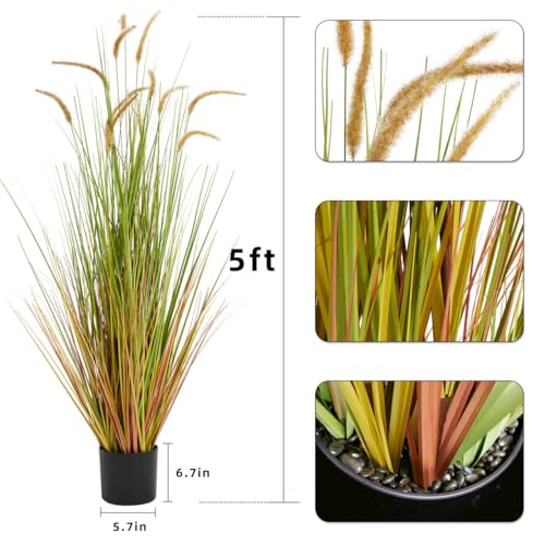 KOL Artificial 5ft 2-Pack Horsetail Reed Grass, 59in Tall Artificial Indoor Outdoor Fake Grass Plant, Home Office Décor Artificial Plants in Pot Faux Plant Greenery, Wedding Decor - Yellow - color: Yellow