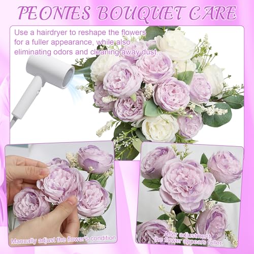 Peonies Artificial Flowers Bulk, 12 Bundles Lilac Fake Silk Peonies Faux Eucalyptus Bouquet Realistic Peony Floral Arrangement for Wedding Table Centerpiece Vase Decor (Lavender & White) - color: Lavender & White