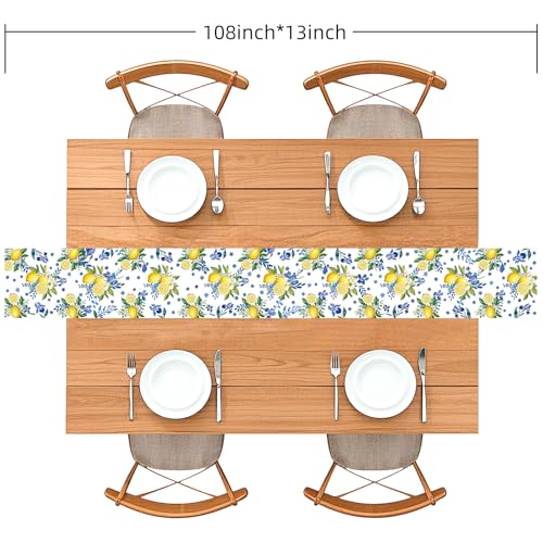 Lemon and Blue Floral Table Runner, 108 x 13 inches, White | Seasonal Kitchen Dining Table Decoration, Home Party Birthday Wedding Decor - size: 108 Inches X 13 Inches