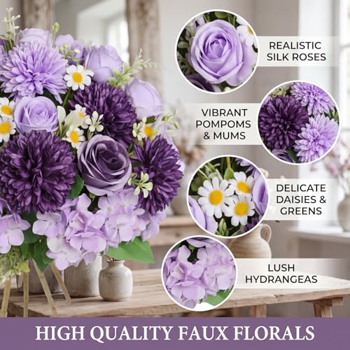 Tigeen 6 Pcs Bundles Artificial Bouquet Flowers Artificial Peonies Faux Roses Hydrangea Flowers Bouquet for Wedding Table Centerpiece Floral Vase Decor (Light Purple,Dark Purple) - color: Light Purple, Dark Purple