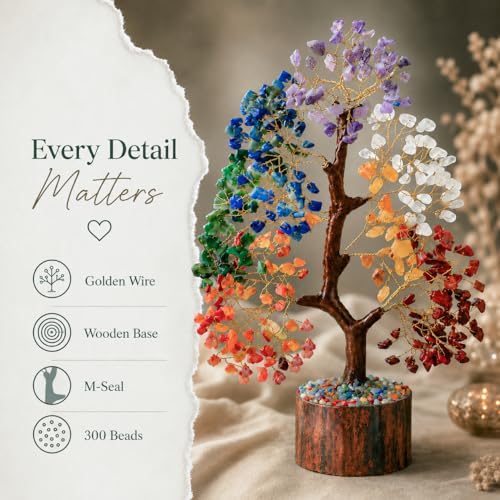Crocon® 7 Chakra Crystal Tree of Life, Healing Crystals Tree 10-12 Inch, Birthday Gift for Women, Feng Shui, Money Trees, Positive Energy, Good Luck, Home Office Decor, Spiritual Gifts for Women - color: 001 Seven Chakra (Golden Wire)