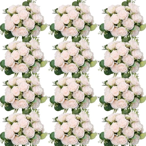 Peonies Artificial Flowers Bulk, 12 Bundles Fake Silk Peonies Faux Eucalyptus Bouquet Realistic Peony Floral Arrangement for Wedding Table Centerpiece Vase Decor (Light Pink) - color: Light Pink