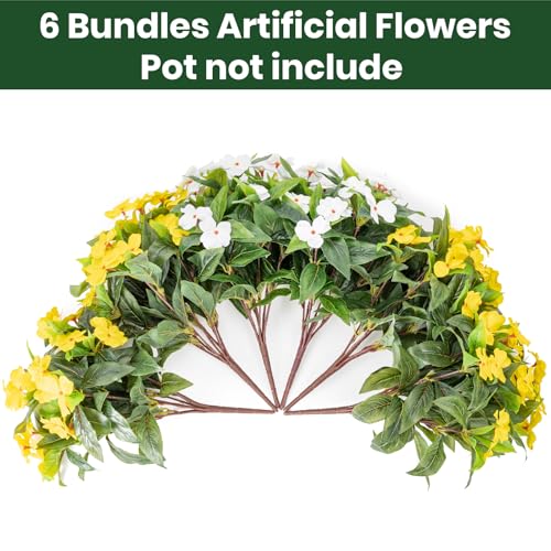 Nigirior Artificial Fake Flowers for Outdoor Décor 6 Bundles UV Resistant Fake Plants for Planter Faux Impatiens for Home Porch/Garden Stunning（Yellow/White） - color: Yellow/White