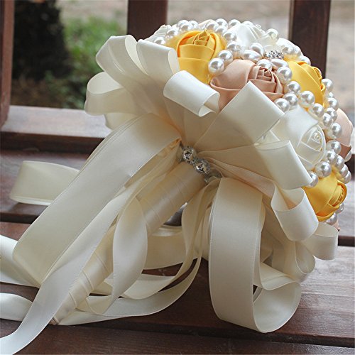USIX Handcraft Popular Satin Rose Rhinestone Brooch Flower Pearl Bridal Holding Wedding Bouquet Wedding Flower Arrangements Bridesmaid Bouquet(Yellow) - color: Yellow
