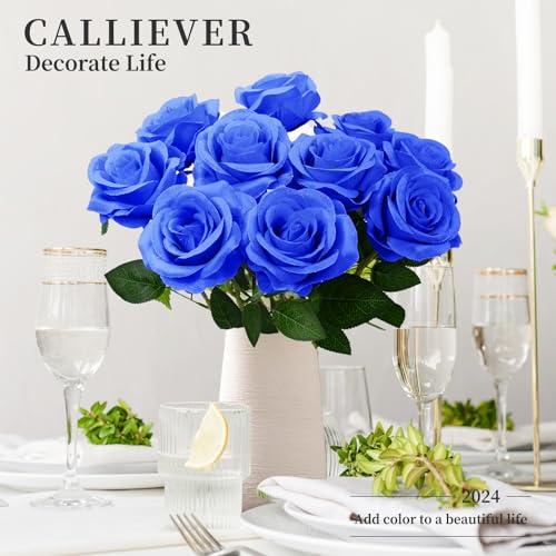 12pcs Rose Artificial Flowers, Fake Rose Silk Flower Bouquet, Faux Roses with Stems - 50cm, Roses Decor for Wedding & Home Decoration (Blue) - color: Blue