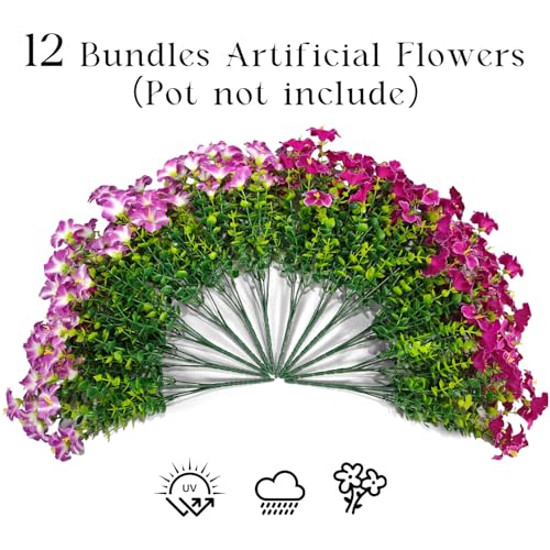 Artificial Flowers for Outdoors Decoration, 12 Bundles Fake Silk Morning Glory with Faux Plastic Eucalyptus UV Resistant for Outside Front Door Porch Planters Patio Garden Decor (MultiColor 3) - color: Multicolor 3