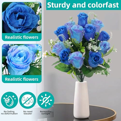 Artificial Rose Bouquets,Fake Flowers Rose,Set of 4 Realistic Silk Flowers for Cemetery and Headstone Decoration, UV Resistant for Outdoor Memorials, Home, and Wedding Centerpieces (Blue) - color: Blue