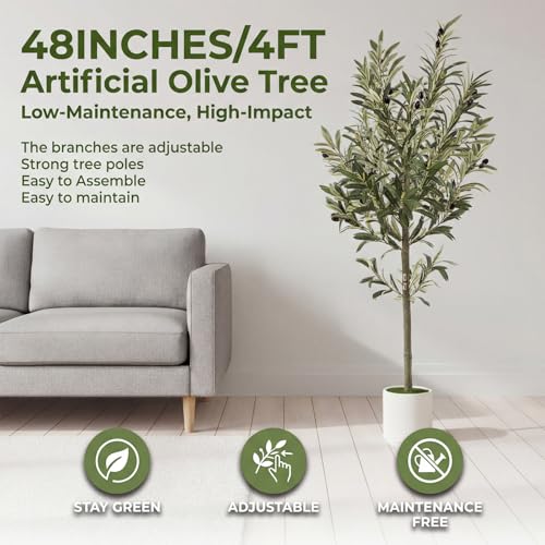 4ft Spherical Fake Olive Tree Artificial Indoor,Faux Olive Tree with Pot,Large Olive Branches and Lifelike Fruits,for Home Office House Living Room Decor. - color: 4ft