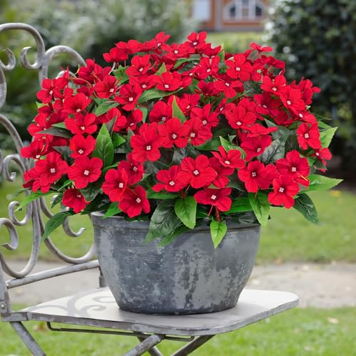 6 Pcs Artificial Flowers for Outdoors Fake Silk Periwinkle Flowers Faux Plants UV Resistant Bouquet Decorations for Planters Spring Summer Garden Porch Patio Window Box Balcony Home, Red - color: Red