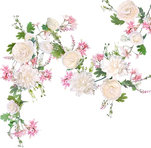 Artificial Peony Garland, 180cm/6FT Length, Fake Rose Vines, Center Flower Decoration, Hanging Silk Flowers for Wedding Decor Home Table Runner Mantle Party Decor (Champagne Peony Garland) - color: Champagne Peony Garland