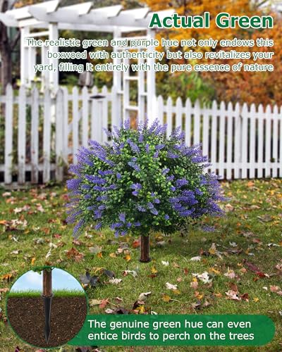 27.55'' Artificial Lavender Topiary Trees, 2 Sets Faux Boxwood Topiary with Spikes,Fake Shrubs Plants for Outdoor Planters, UV Resistant Round Topiary Bush Pot Filler for Front Porch Garden Home Decor - color: Lavender Boxwood-27.55"