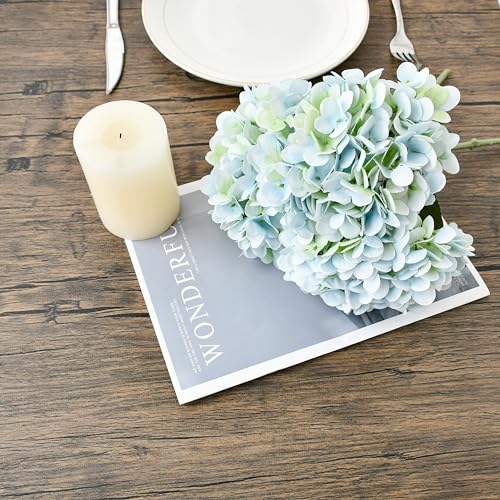 Mandy's 3 Stems Light Blue Artificial Hydrangea Flowers | 13.7 Inch Realistic Silk Bouquet for Centerpieces Easter Wedding & Home Decor