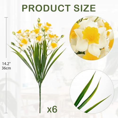6 Bundles Daffodils Artificial Flowers, 14.2" Faux Daffodils with 90 Flower Heads Real Touch Fake Spring Flower White & Yellow Decorative Flowers Bouquet for Home Wedding Centerpieces Vase Arrangement - color: White, size: 6 Bundles-14.2 Inch