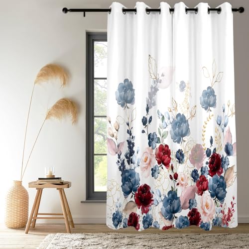 Renaiss Floral Blackout Curtains Watercolor Gray Blue and Red Peony Flower Bloossom Thermal Insulated Window Drapes for Bedroom 42W x 63L inches 2 Panel Set Window Curtains for Living Room - color: Bold Red, size: 42"W x 63"L (Pack of 2)