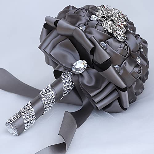 XINNI Handmade Bridal Wedding Bouquet Bride Bridesmaid Satin Rose Flower Bouquet with Meteor Shower Shape Rhinestone Wedding Decoration Grey - color: Grey