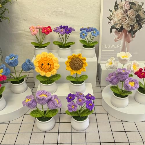 Crochet Flowers Bouquet for Home Office Desk Decorations, Birthday Gifts for Women Her Mom Teacher Coworkers Sister Friends, Purple