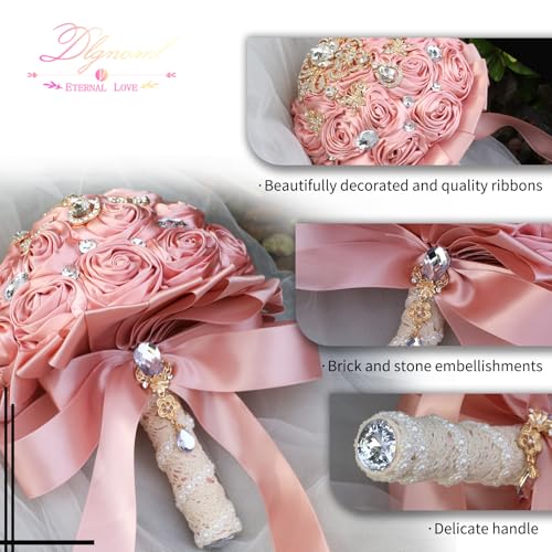 Artificial Everlasting Flower Hand Bouquet for Weddings and Photo Shoots, Crystal Peplum, Pink Rose Satin, Pearl Embellishments, Ribbon to Match, No Watering (Pink) - color: Expensivepink