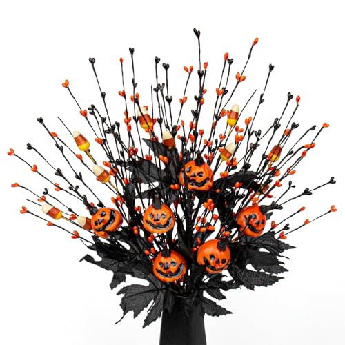 12 PCs Gothic Halloween Flowers Artificial Orange Black Stems Spooky Halloween Floral Picks with Candies Corn Smiling Pumpkins for Vase Floral Arrangements Table Centerpieces Decorations