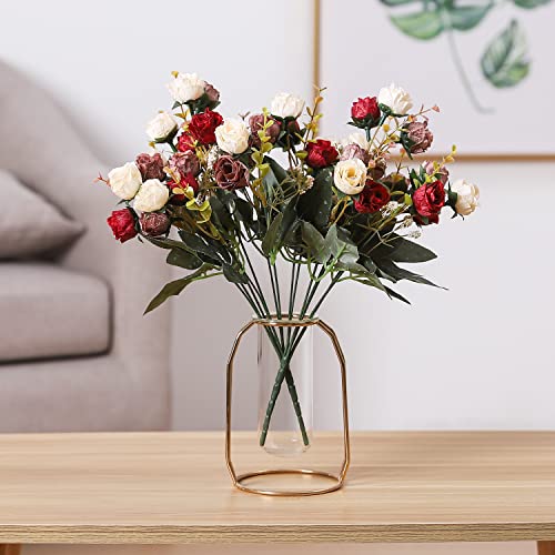 Duovlo 7 Branch 21 Mini Rose Heads Artificial Flowers Bouquet Wedding Home Office Decor,Pack of 2 (2 PCS Red) - color: 2 Pcs Red