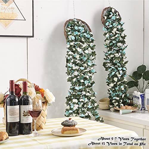 PONKING 8 Pcs x 8.2 ft Flower Garland Artificial Rose Vine Flowers with Green Leaves Hanging Fake Roses Vine for Room Party Home Wedding Birthday Christmas Wall Arch Decor, White Blue Flower - color: Spring-blue White-8pcs, size: 8 Vines 66FT