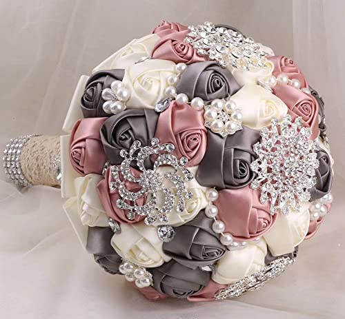 Sharebeauty 7.9 Inch Handmade Satin Rose Bridal Bouquet Toss Round Wedding Bouquet Throw Toss Artificial Flower Bunch Shimmering Blush Pink + Dark Grey + Ivory - color: W3217d06 Shimmering Blush/Dark Grey/Ivory