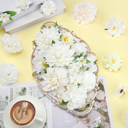 Janinka 100 Pcs White Assorted Fake Flower Heads with Long Stem Mini Artificial Flower Bulk Mix Silk Faux Daisy for Crafts Fake Peony Rose for DIY Wedding Party Wreath Home Decoration - color: White