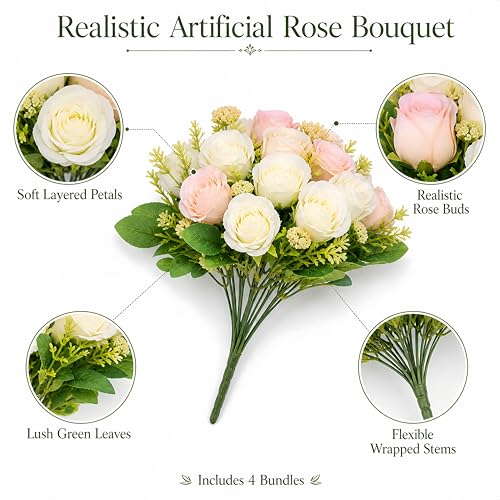4 Bundles Peony Artificial Flowers, White Peonies with Stems for Home Wedding Party DIY Decor