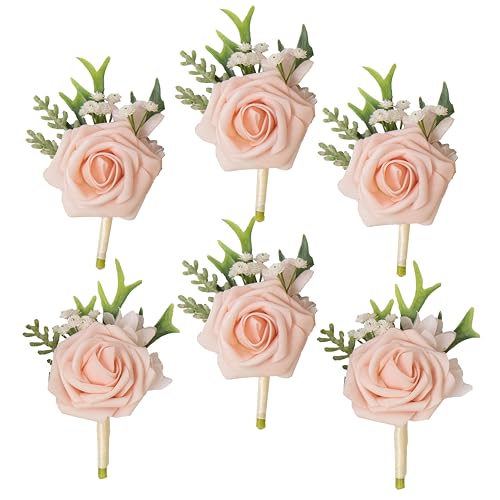 Blush Boutonniere for Men, Pink Prom boutonnieres,Set of 6,Groom and Groomsmen Boutonniere for Wedding Ceremony Anniversary, Formal Dinner Party and Grad Night - color: Blush, size: set of 6