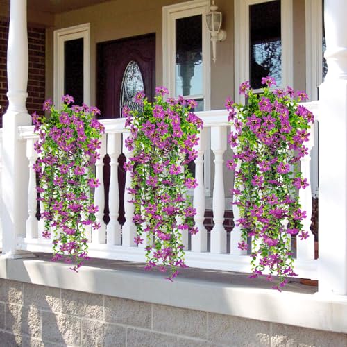 4 PCS Artificial Hanging Flowers for Outdoors, Fake Hanging Plants UV Resistant Faux Silk Daisy with Eucalyptus Leaves for Outside Home Indoor Planter Porch Patio Balcony Yard Decor (Purple) - color: Purple