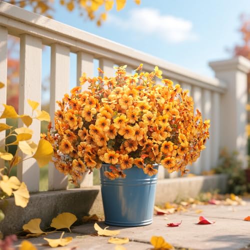 Grunyia 16 Bundles Artificial Fall Flowers UV Resistant Faux Greenery, All Weather Outdoor Autumn Decor for Thanksgiving Christmas Wedding Home Garden Fireplace Party Décor (Fall Orange Yellow) - color: Fall Orange Yellow