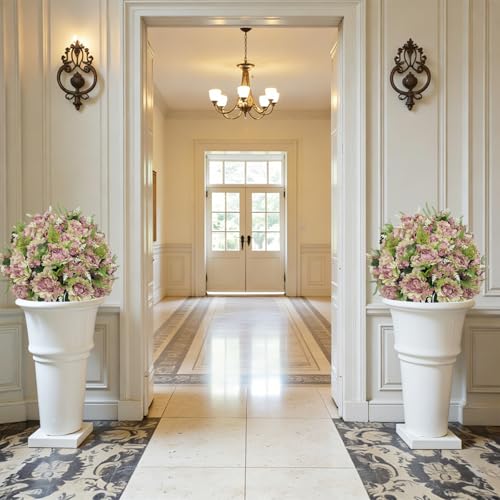 24” Artificial Flowers for Outdoors, Set of 2 Realistic Faux Purple Peonies in Cement Pots, UV Resistant Fake Plants Look Real for Front Porch, Entryway & Indoor Spring Decor - color: Peony Antique Lavender