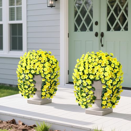 Artificial Faux Hanging Plants Flowers for Outdoor Spring Summer Decor, 2 PCS Fake Silk Yellow Daisy Long Vines Orchid UV Resistant Realistic Mums for Outside Home Porch Patio Balcony Planter - color: Yellow