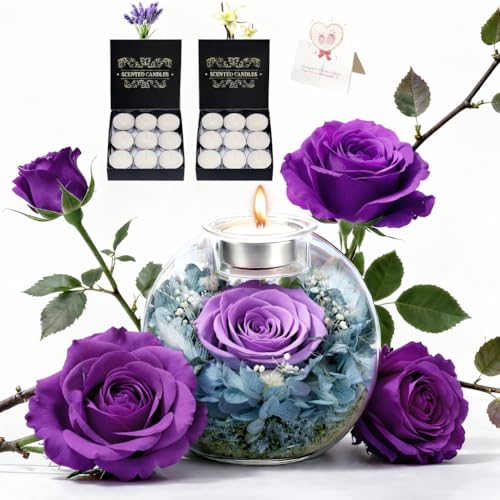 Preserved Real Rose in Glass with Scented Candles for Mom Her Wife Girlfriend Grandma Birthday Anniversary Romantic - color: Zenith Purple