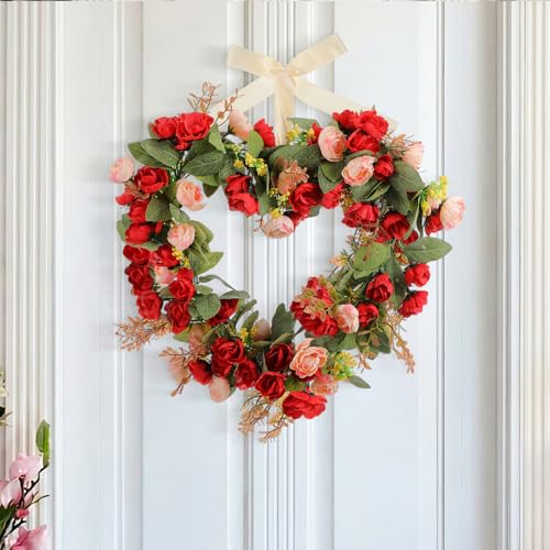 Suncalla 17.7 Inches Heart Rose Wreath Pink Floral Valentine Wreath with Ribbons Artificial Rose Wreaths for Christmas Party Gifts Front Door Valentine's Day Wedding Decoration - style: Roses