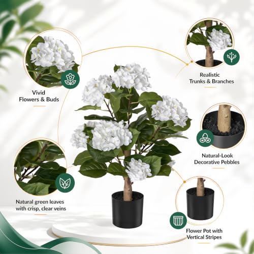 Artificial Hydrangea Flowers Tree for Outdoors, Sturdy 2FT Fake Plants with Weighted Pot, UV Resistant White Artificial Flowers for Front Porch & Home Decor, 2 Pack - color: Hydrangea Trees White