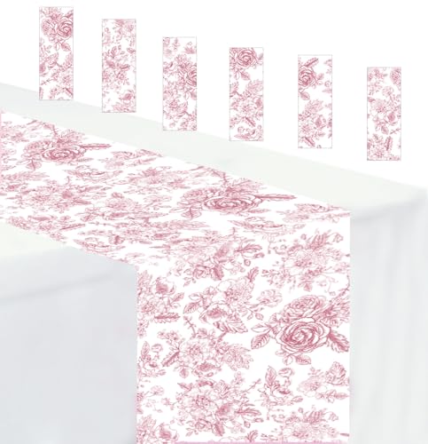 6 PCS Pink Floral Table Runner 14 x 108 Plastic Flower Table Runner for Party Birthday Baby Shower Bridal Shower Wedding Disposable Table Runners - color: Pink Floral Table Runner, size: 6 PCS