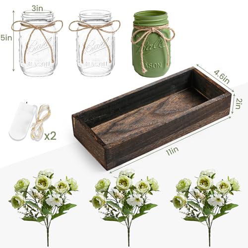 3 Pcs Mason Jar Centerpiece Table Decorations for Dining Farmhouse Coffee Table Decor with Wood Tray and Led Light Table Centerpieces for Dining room Kitchen Living Bathroom,Green - color: Green