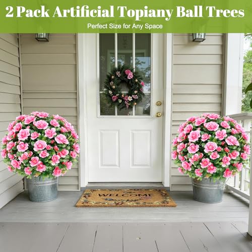 24''Artificial Flowers for Outdoors,2 Pack Topiary Ball Trees Fake Outdoor Plants with Ground Spike,UV Resistant Faux Shrubs for Garden,Porch,Front,Patio,Pink Crabapple Blossoms - color: Pink Crabapple Blossoms