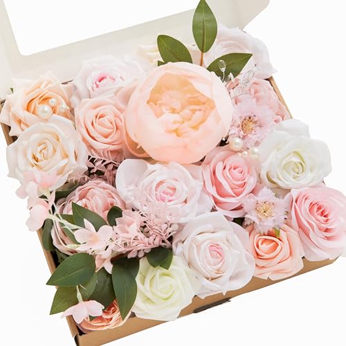 Ling's moment Fake Flowers Box, Faux Artificial Greenery Stems Foam Roses Silk Peony Fabic Flower for Centerpieces Bouquet Wedding Table Floral Vase Bridal Shower Party, Pink & Cream, Grand Combo - color: Pk-pink & Cream, size: Grand