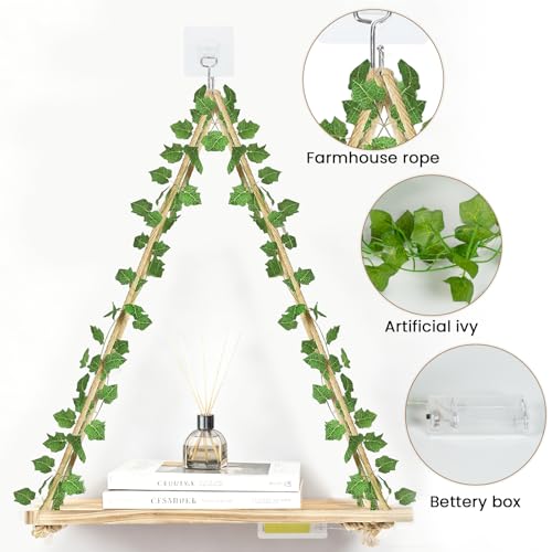 RICHER HOUSE Artificial Ivy LED-Strip Wall Hanging Shelves, Macrame Shelf for Bedroom Bathroom Living Room Kitchen, Wood Hanging Plant Shelves for Wall Décor - color: Ivya*1