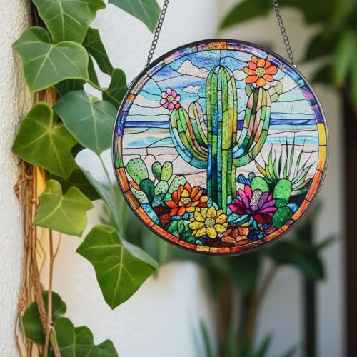 Cactus Suncatcher Decor, Cactus Stained Glass Window Art Beach Decor Sea Glass Hanging - 7.9" Outdoor/Indoor Art Decor for Home Garden