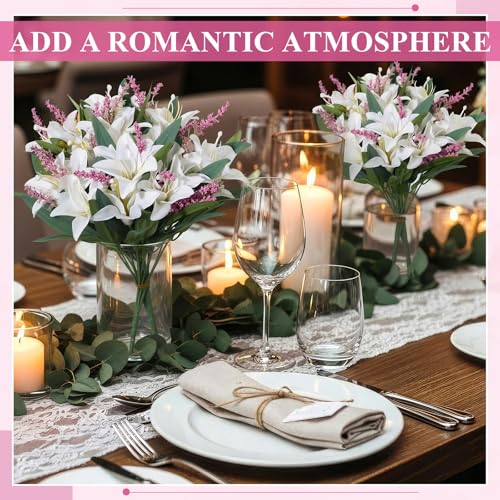 Giegxin 8 Pcs Artificial Tiger Lily Bouquets, Silk Faux Easter Lilies with 7 Heads, Realistic Spring Flowers for Wedding Centerpieces, Home Vase Decor, Party & Event Arrangements (White Purple) - color: White Purple