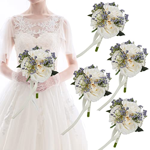 8.5 Inch Ivory Bridesmaid Bouquets for Wedding, Set of 4, Small Rose Bouquet, Rustic Artificial Silk Flowers, Floral Centerpiece Decorations - color: 4pcs White&purple Bouquets