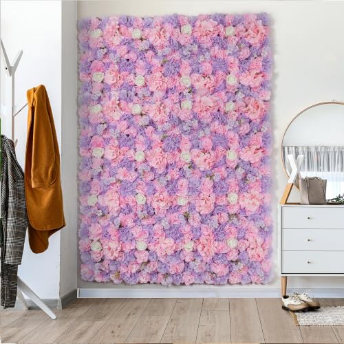 Flower Wall Backdrop 6 Piece of 16.5x16.5 Inch Artificial Floral Wall Panel Faux Silk Rose Wall Decor Ideal for Wedding Celebrations, Festive Party Backdrops, and Home Decor-Pink and Purple - color: Pink and Purple, size: 16.5inch