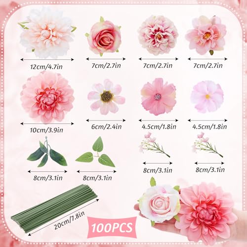 Janinka 100 Pcs Pink Assorted Fake Flower Heads with Long Stem Mini Artificial Flower Bulk Mix Silk Faux Daisy for Crafts Fake Peony Rose for DIY Wedding Party Wreath Home Decoration - color: Pink