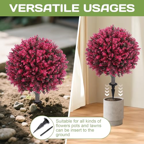 Artificial Red Eucalyptus Topiary Ball Tree 24" with Ground Spike, Set of 2 Artificial Boxwood Bushes for Faux Shrubs, Fake Evergreen Faux Plant for Indoor Outdoor Garden -UV Resistant–Fade-Proof - color: Red Eucalyptus